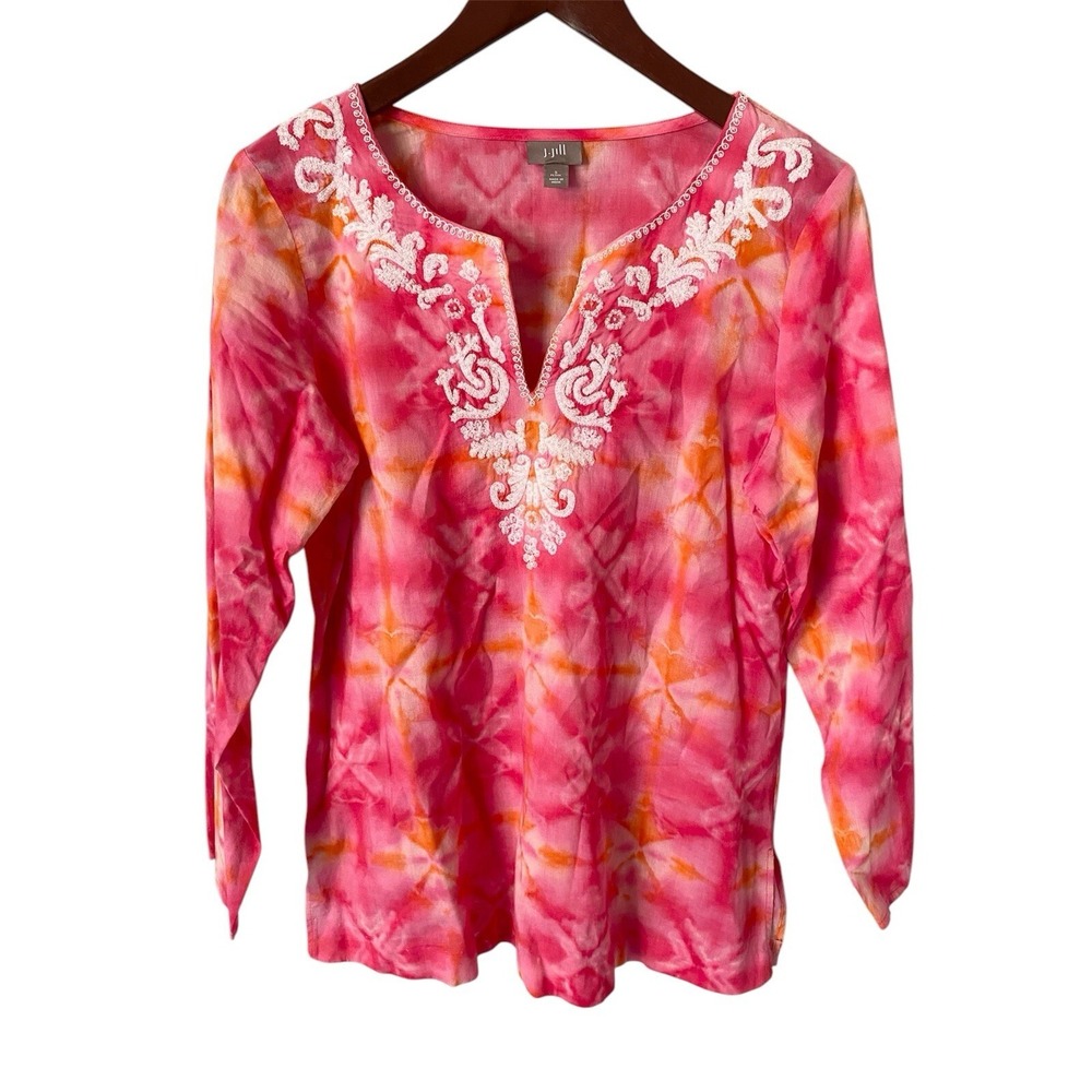 J. Jill Top Women's Size S Embroidered Lightweight Boho Light Pink Tie-Dye Shirt